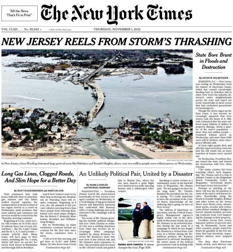 New York Times newspaper article about Storm Sandy.