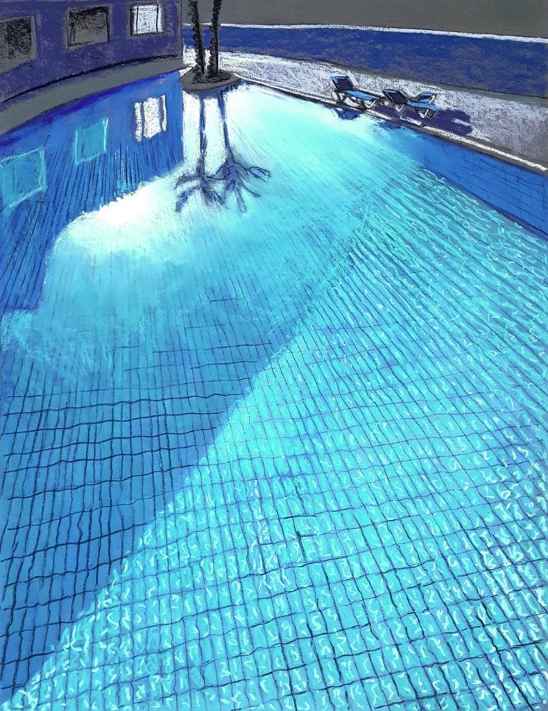Pastel painting of crystal clear swimming pool.