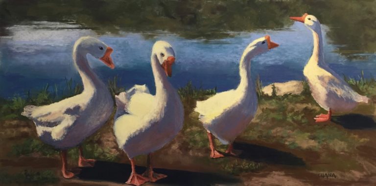 Pastel painting of a gaggle of geese, backlight provided by the sun.