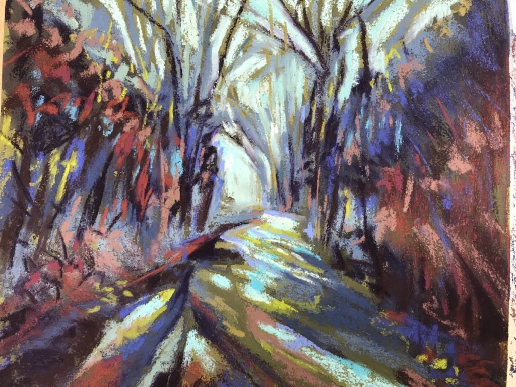 Stylistic pastel painting of a country lane.