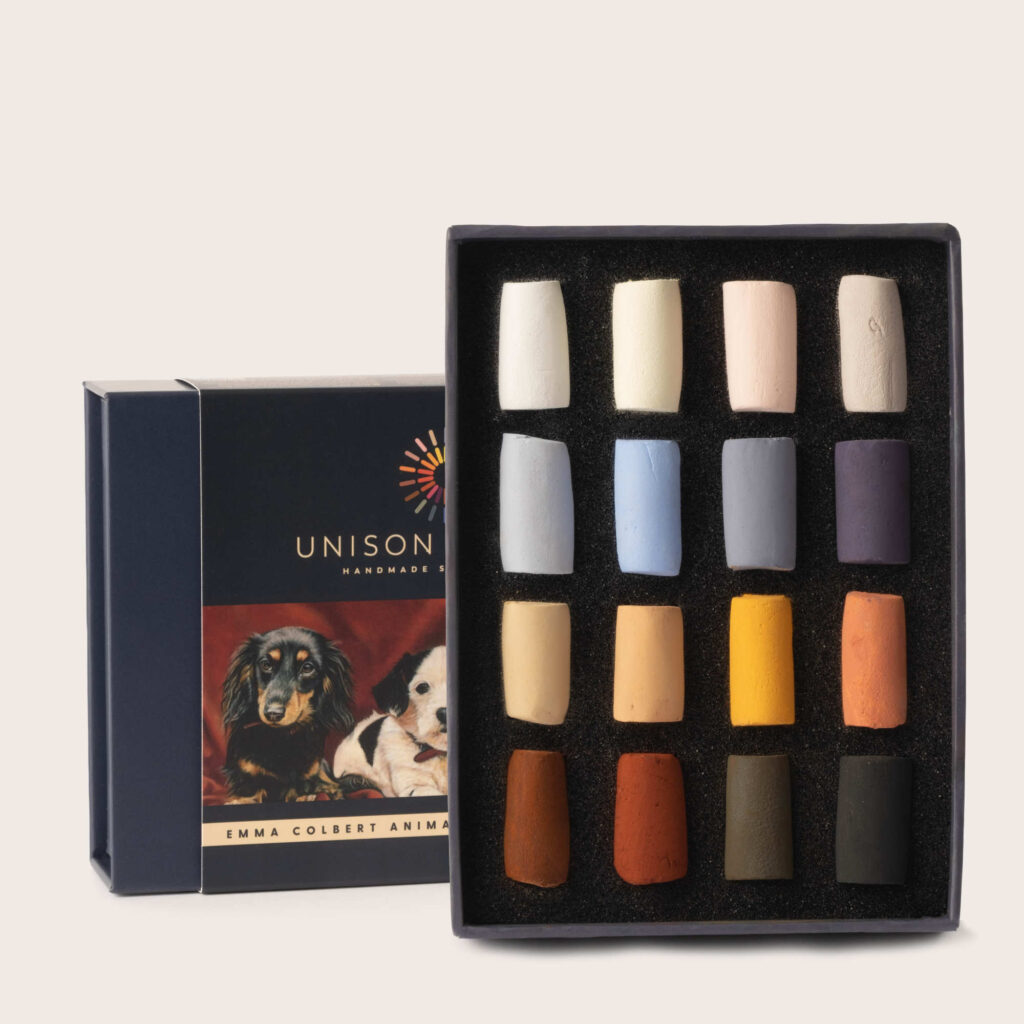 The Emme Colbert Animall 16 soft pastel set on display with an open box standing in front of a closed box.