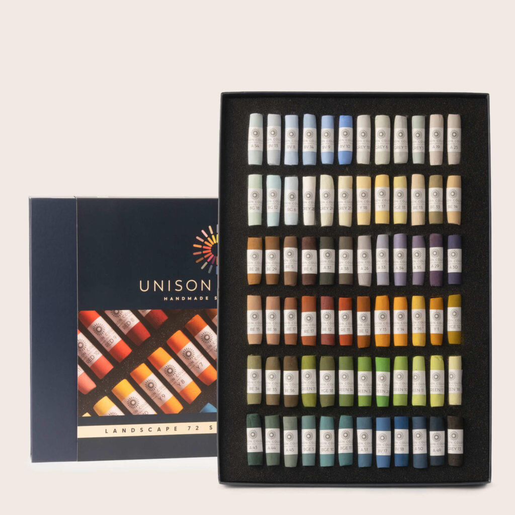 Showcase of the Landscape 72 Soft Pastel set with an open and closed box of the set.