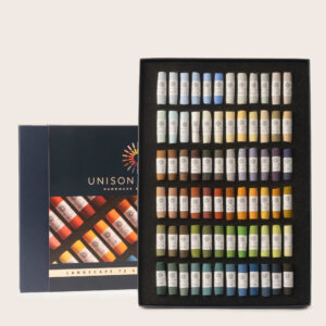 Showcase of the Landscape 72 Soft Pastel set with an open and closed box of the set.