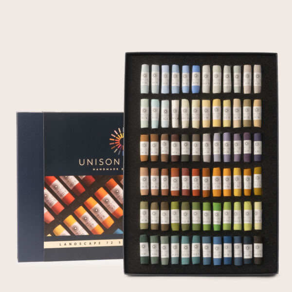 Showcase of the Landscape 72 Soft Pastel set with an open and closed box of the set.