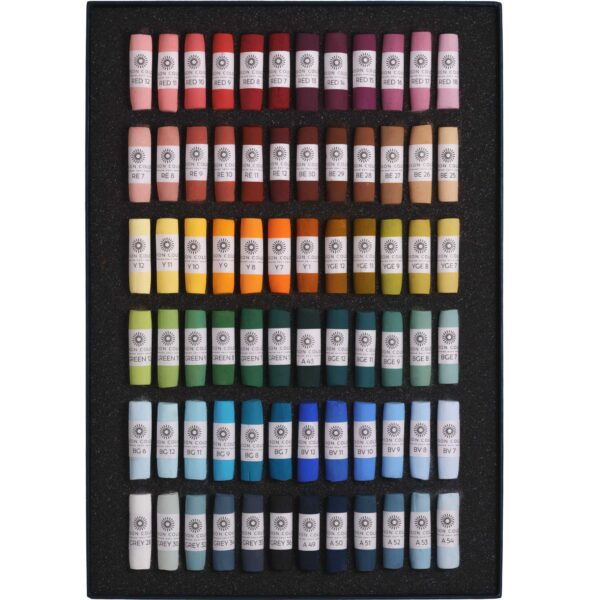 An open box of Starter 72 small stick soft pastel set.