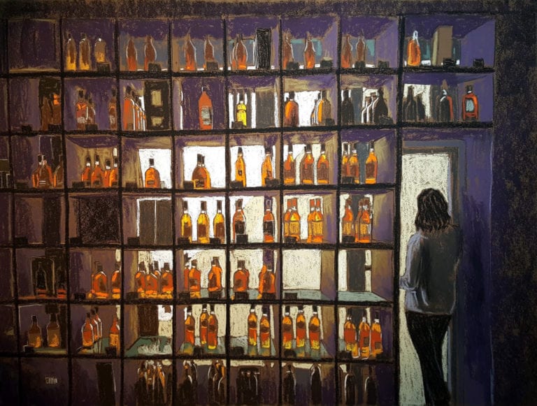 Pastel painting of large wall of shelves, squared off, and filled bottles of whisky.