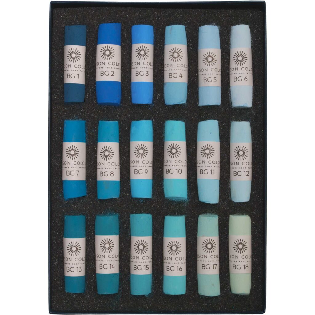 Open box of Blue Green 1-18 soft pastel set.