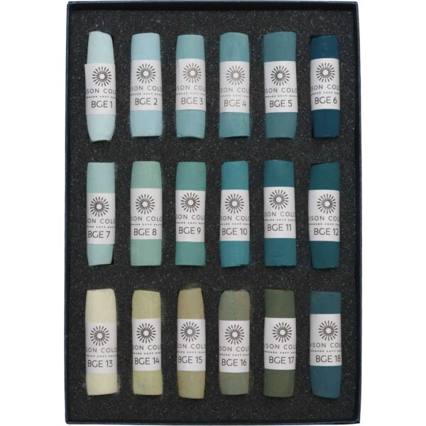 Open box of Blue Green Earth 1-18 soft pastel set.