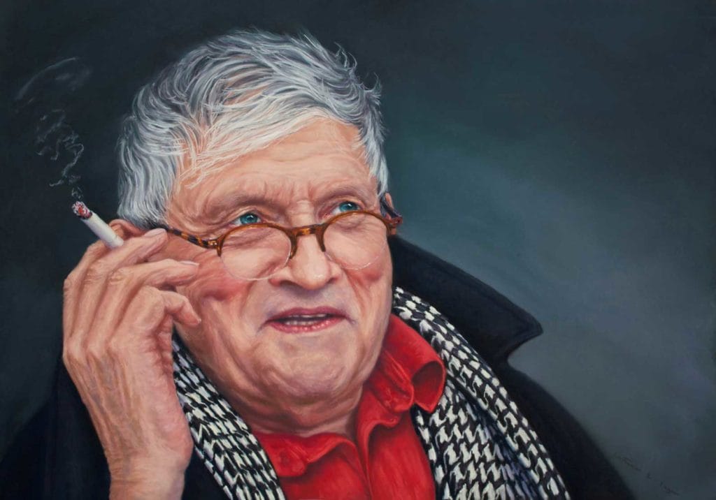 A pastel portrait of David Hockney, by Cath Inglis.