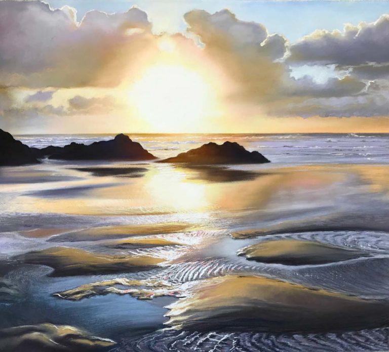 Sunset and sandy beach artwork by Jennifer Thorpe.