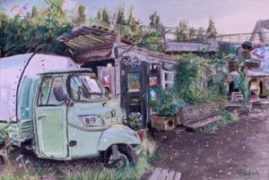 Wheels of the roving cafe by toni frostick