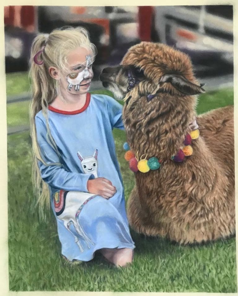 A pastel painting of a young girl in blue dress, and face paint, kneeling next to an alpaca, which is lying in the grass.