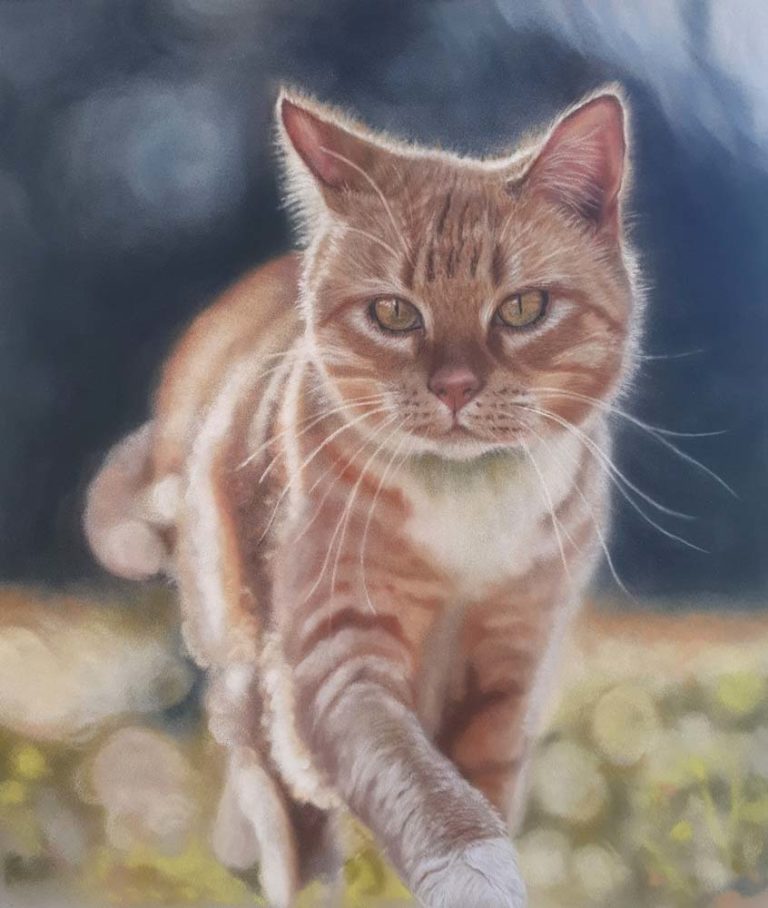 A pastel painting of a tabby cat, padding across a lawn.