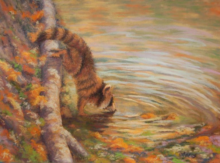 A pastel painting of a raccoon taking a drink from a river, during autumn