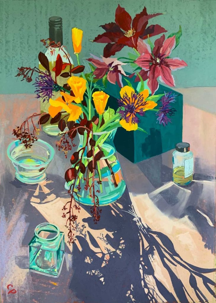 Pastel artwork by Cathy Pearce, depicting a backlit vase of flowers.