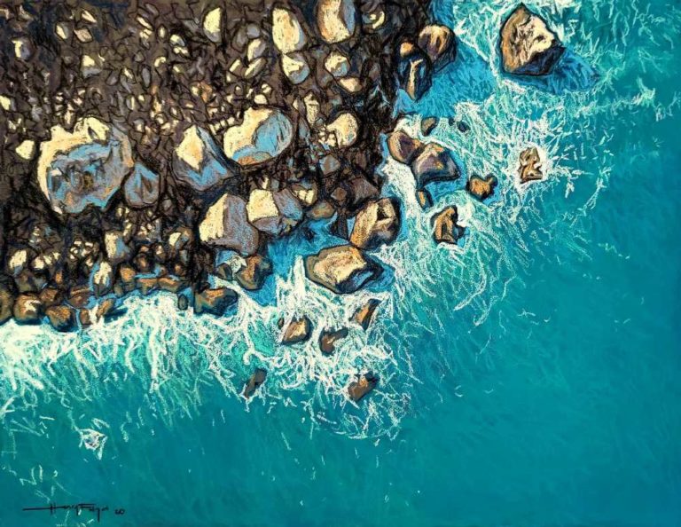 pastel painting of a rocky coastline and azure sea.