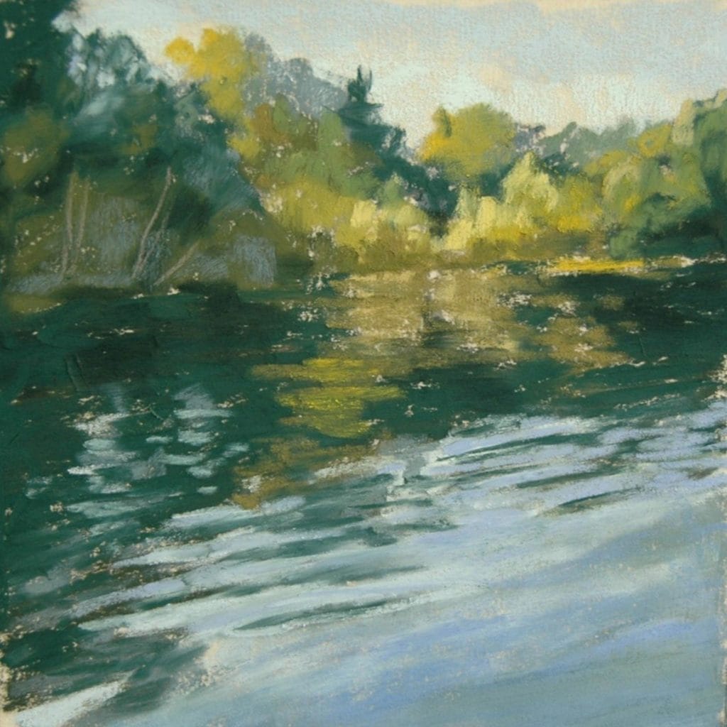 Pastel painting of a lake, in summer. Smooth ripples in the surface of the water