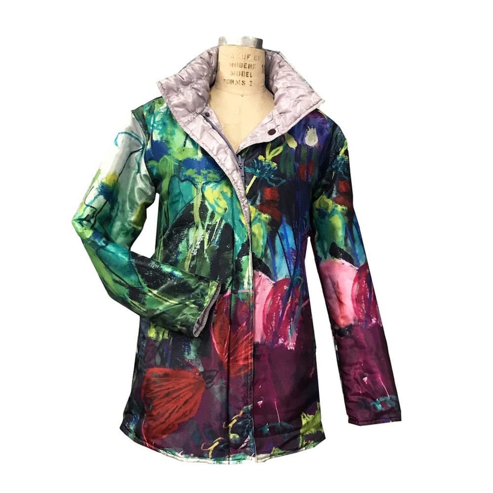 Ubuclothing raincoat using fabric printed with Judy's Garden Epiphany painting.