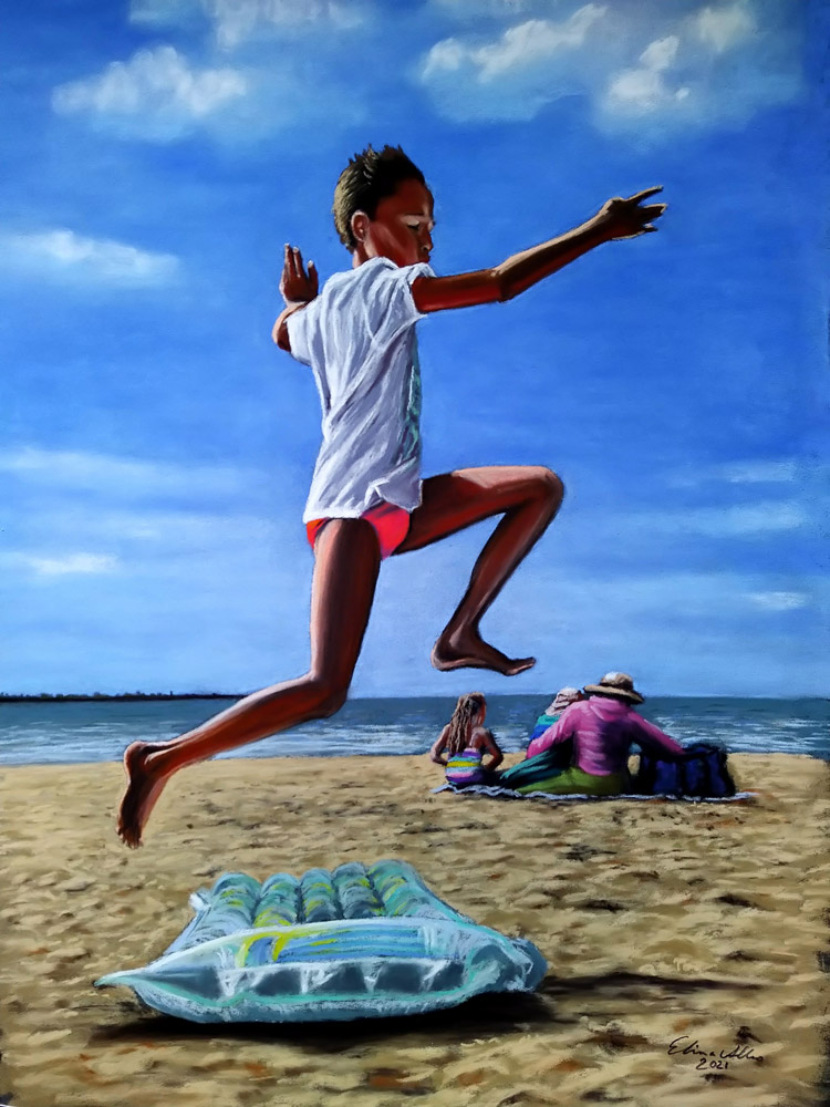 Ellu's finished pastel painting of her son jumping around at the beach.