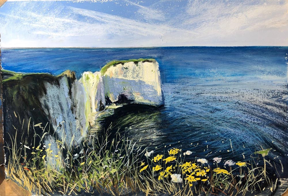 'Old Harry Rocks' pastel painting by Nina Squire.