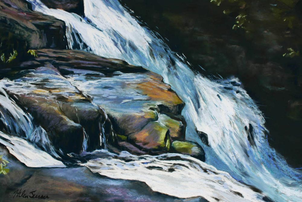 Pastel painting by Helen Turner, of a rocky mountain stream.