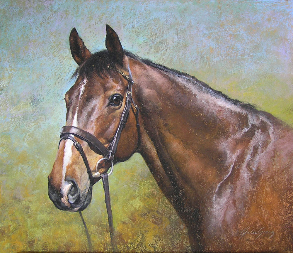Champion Show Horse, Baz, peint en pastel tendre par Julie Greig