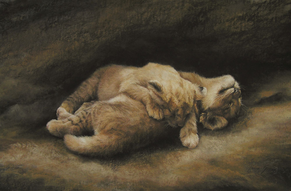 Big Cat cubs painted in Unison Colour Soft Pastels, by Julie Greig