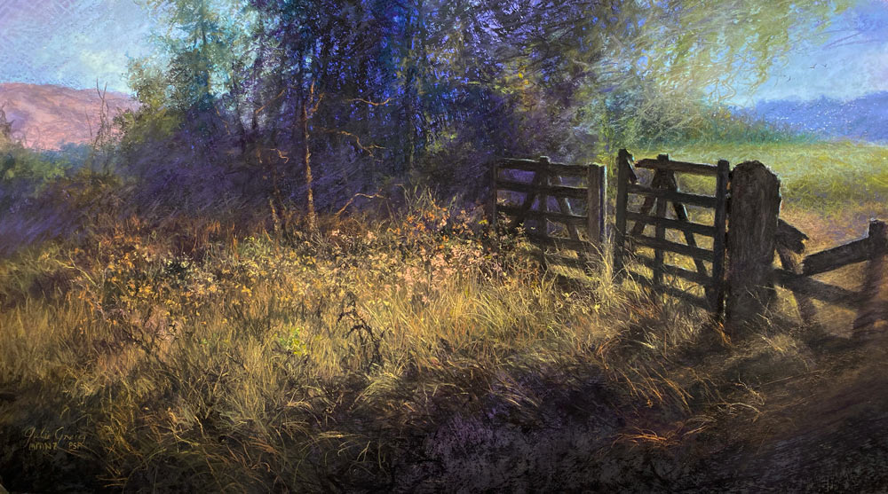 Julie Greig's pastel painting 'Opportunity', an old gateway to a field, with beautiful side-lighting.