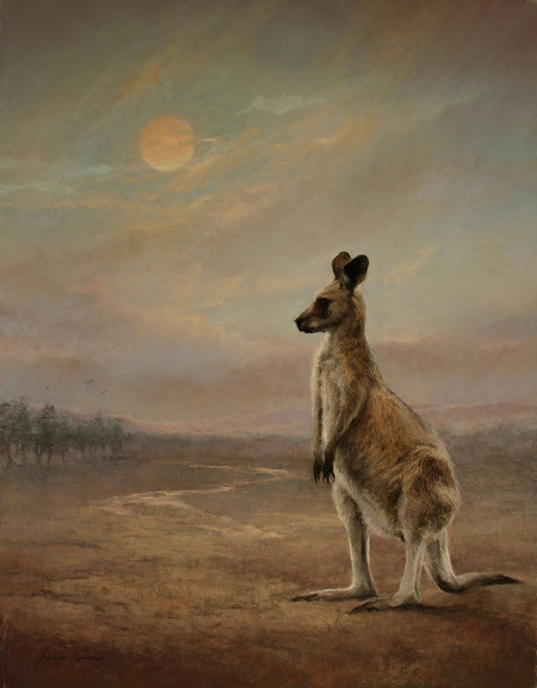 Peinture de kangourou sur pastel tendre, par Julie Greig.