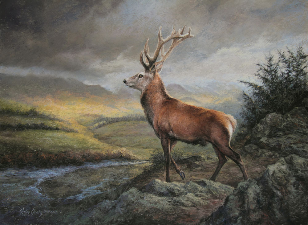 Pastel painting of a stage deer standing on the bank of a small river.