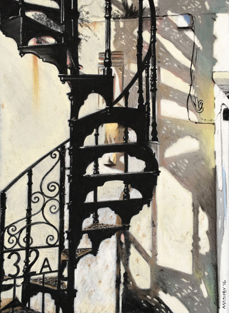 32A, pastel painting of a cast iron spiral staircase, by Michele Ashby.