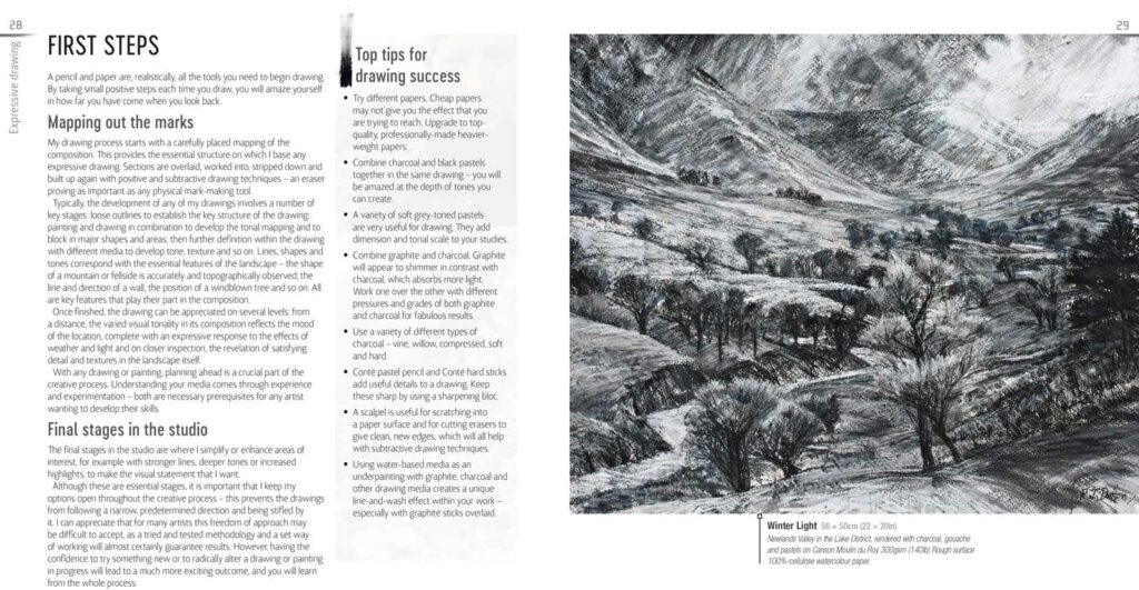Sample pages from Robert Dutton's book, Drawing Dramatic Landscapes.
