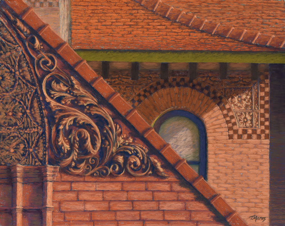 Nahaufnahme der Detailarbeit in Traceys architektonischem Pastellgemälde.