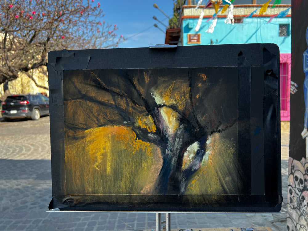 Creativity and Plein Air Painting – Oaxaca, Mexico 11 Painting of the dark tree trunk against golden background.