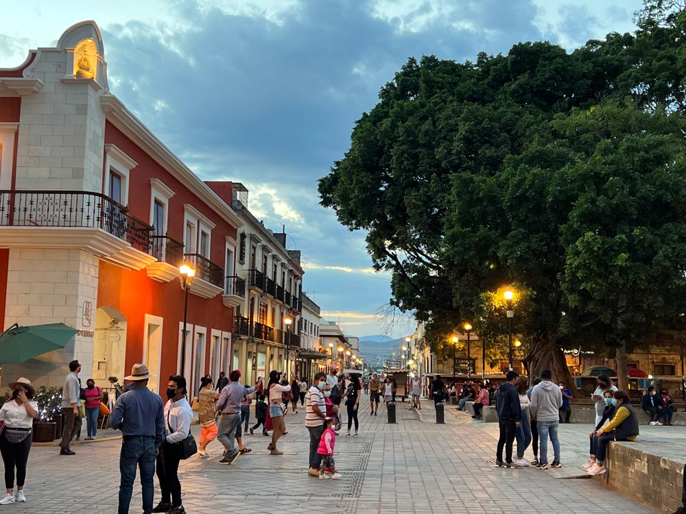 Busy evening in a Mexican town square.