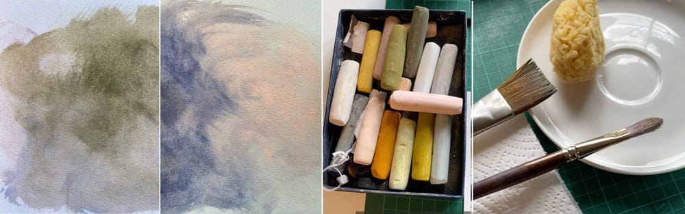 Assortment of images of pastel work, pastels and other equipment such as brushes and a sponge.