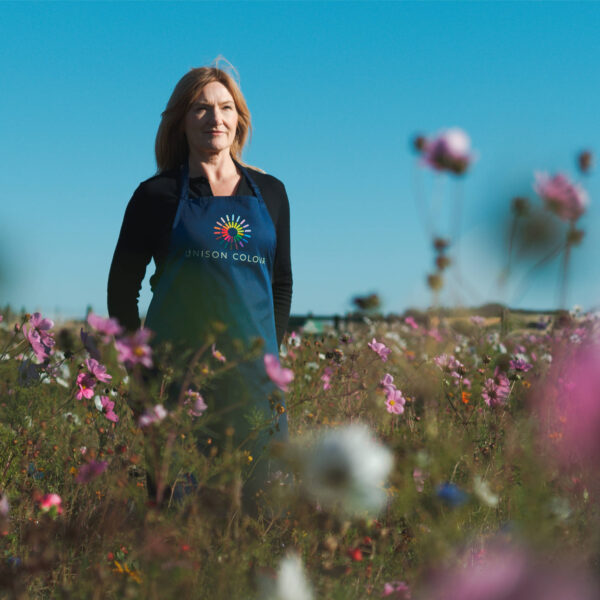 Woman standing in a flowery meadow, wearing the Unison Colour Apron.