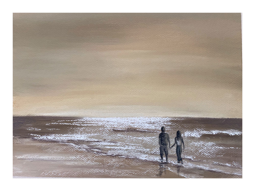 Pastel painting of a couple walking along the beach just after sunset.