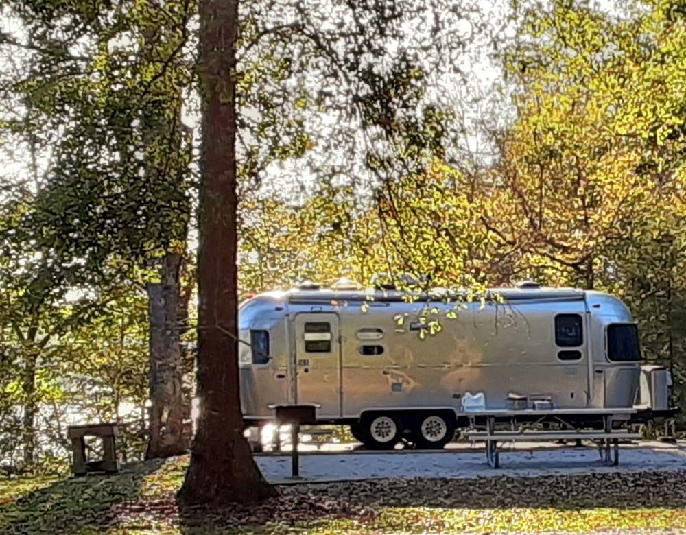 Susan's stainless steel American RV trailer sitting amongst the trees.