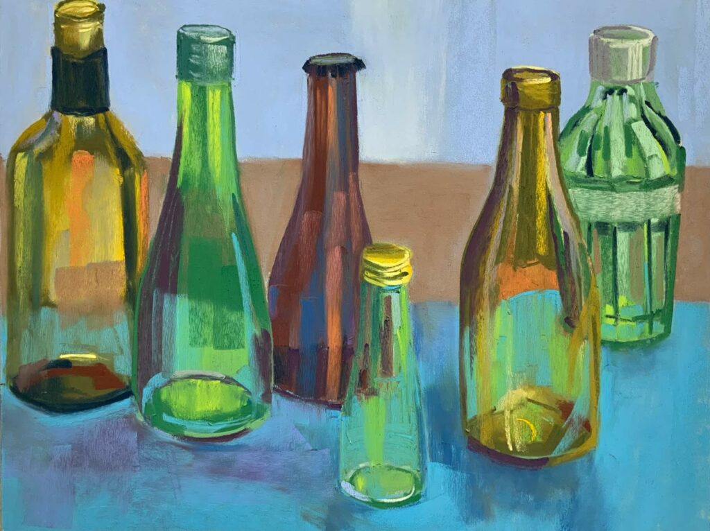 Bottles soft pastel painting by Cathy Pearce.