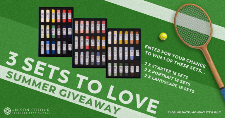 Summer Giveaway promo design depicting a tennis court with racket overlayed by 3 pastel sets.