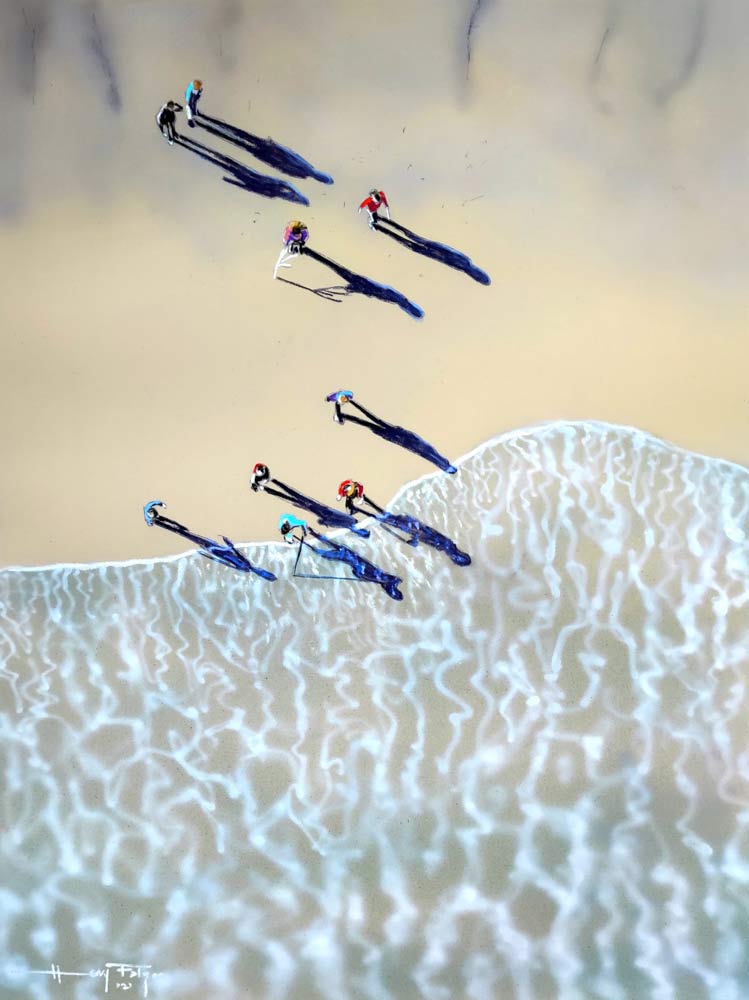 Beach Walkers, soft pastel painting aerial view of people on a beach casting long shadows, by Henry Falzon.