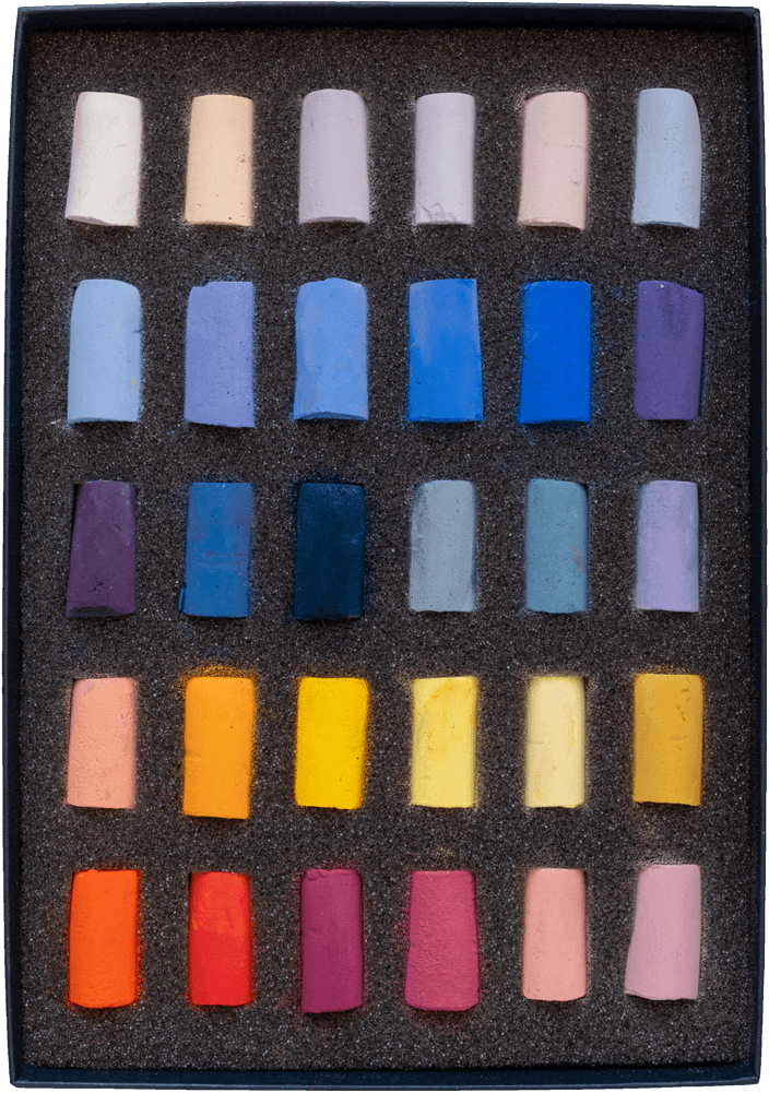 Front view of an open box of the Sandra Orme Sky 30 Half Stick Soft Pastel Set.
