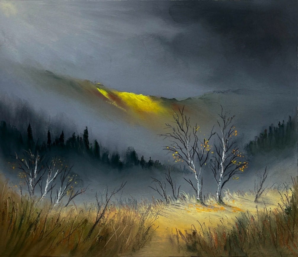 Autumn Rain soft pastel painting by Stephen Fuller.