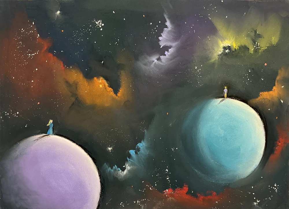 The Distance Between Us, colourful planetary soft pastel painting depicting 2 planets, each with a figure standing atop.