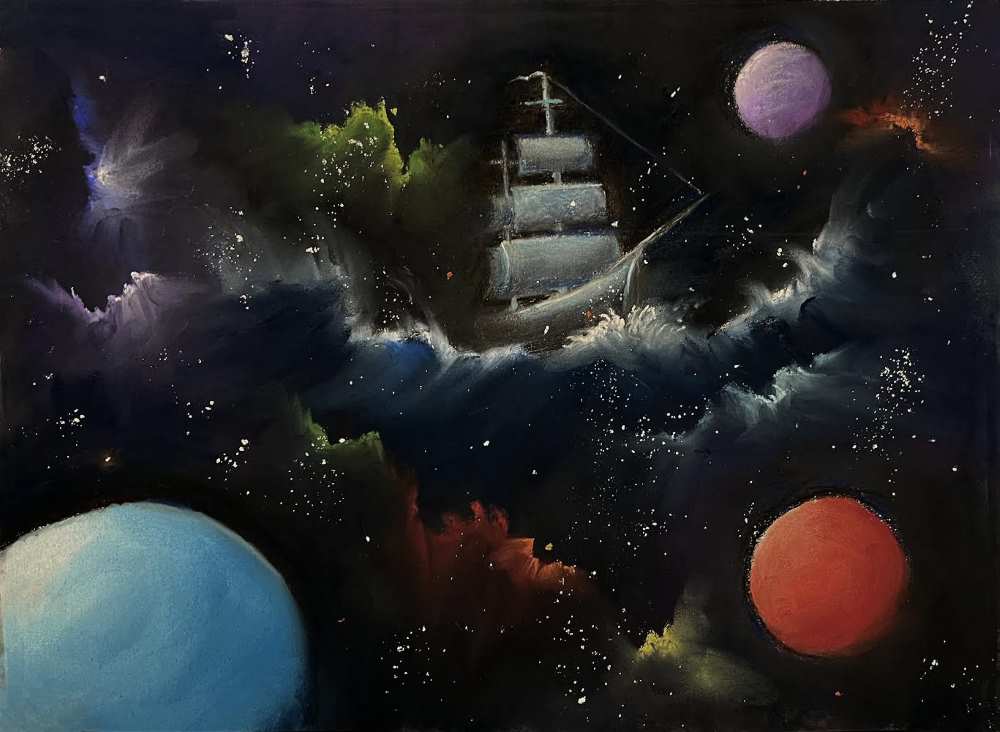 The Distance Between Us, colourful planetary soft pastel painting depicting several planets, and sail ship riding the waves of a nebula.