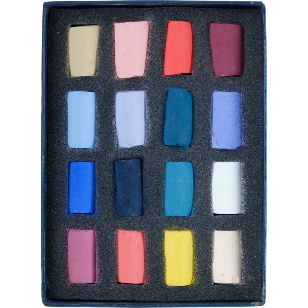 Open box of Caitlin Heslop Abstract 16 half stick Soft Pastels.