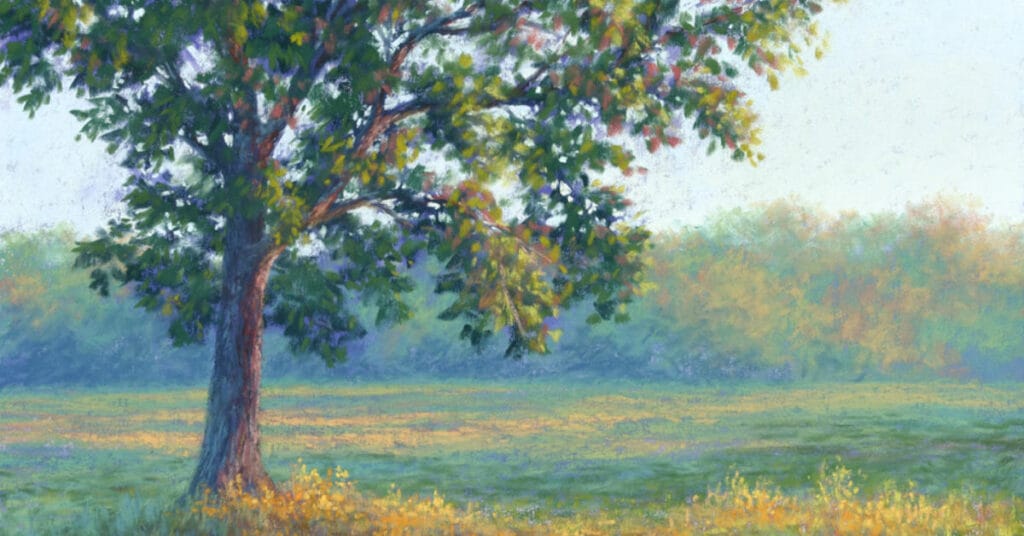 A soft pastel painting of a tree during golden hour.