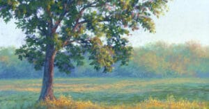 A soft pastel painting of a tree during golden hour.