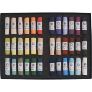 Open box of Andrew Moodie Landscape 36 set of soft pastels.